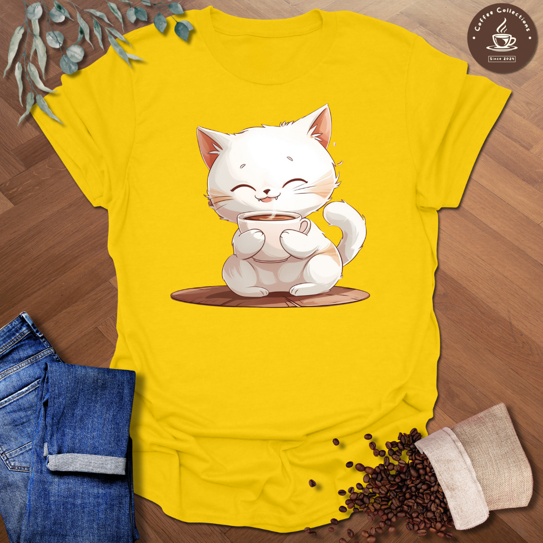Kawaii Cat Drinking Coffee T-Shirt