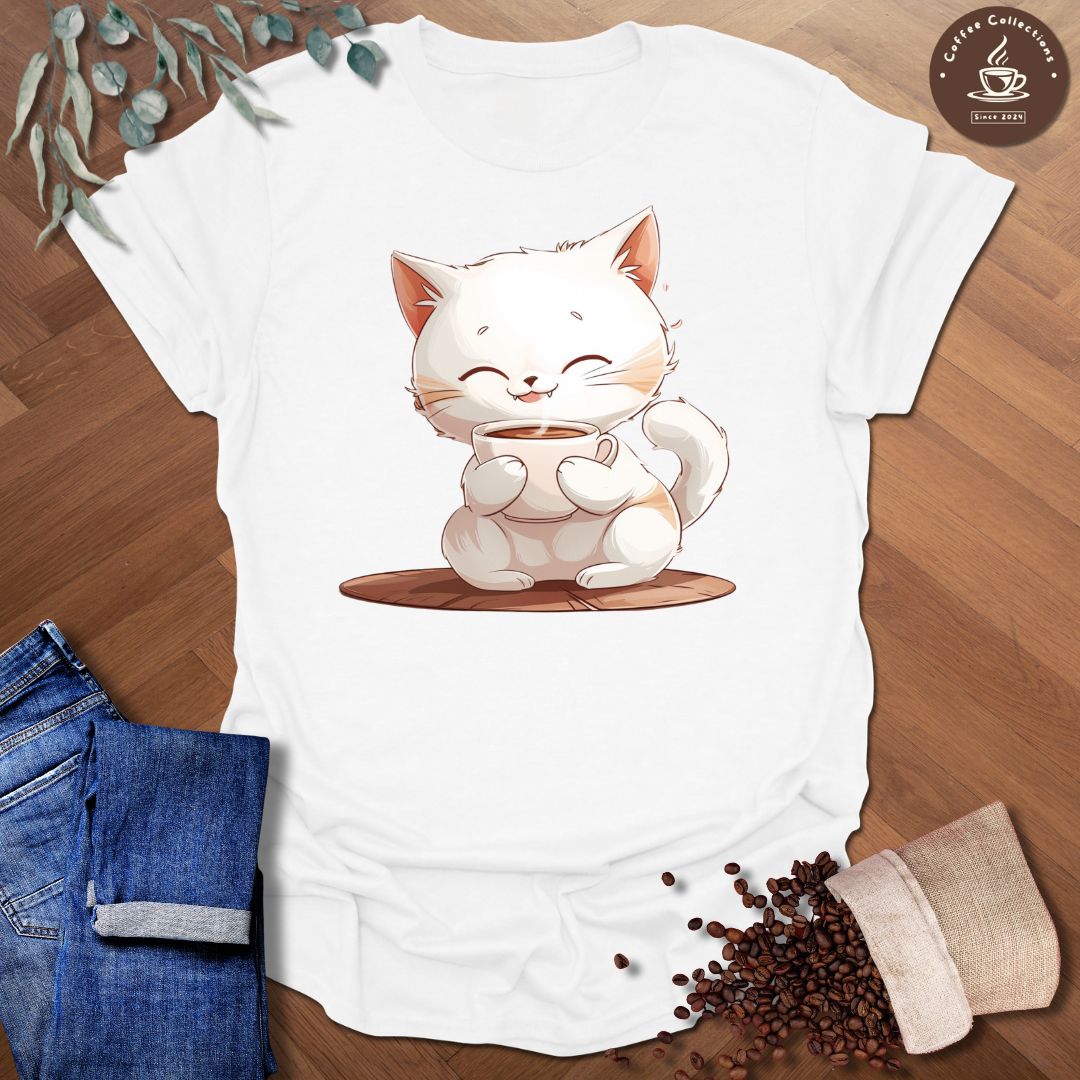 Kawaii Cat Drinking Coffee T-Shirt
