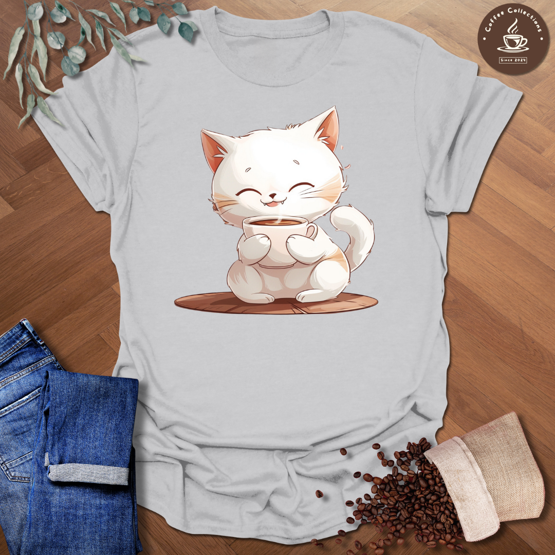 Kawaii Cat Drinking Coffee T-Shirt