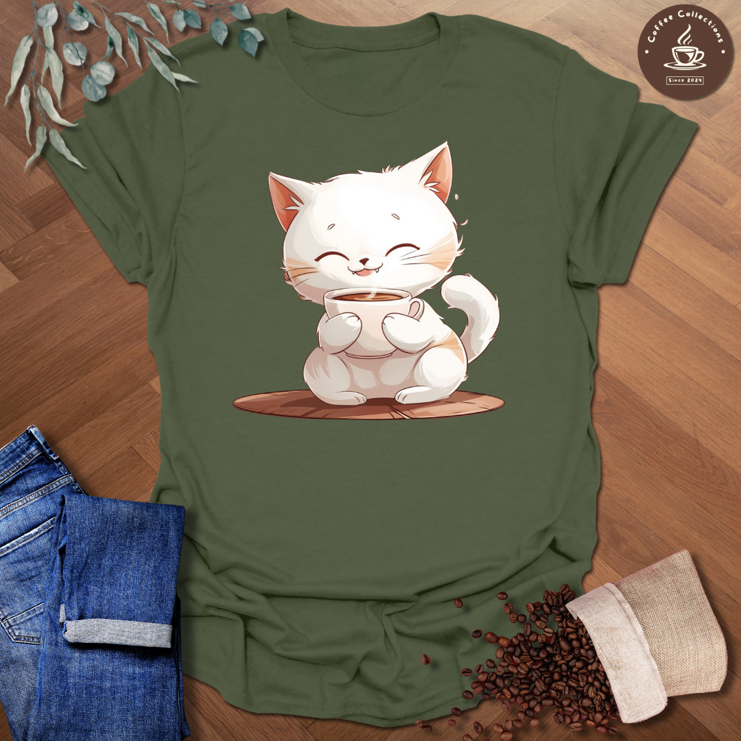 Kawaii Cat Drinking Coffee T-Shirt