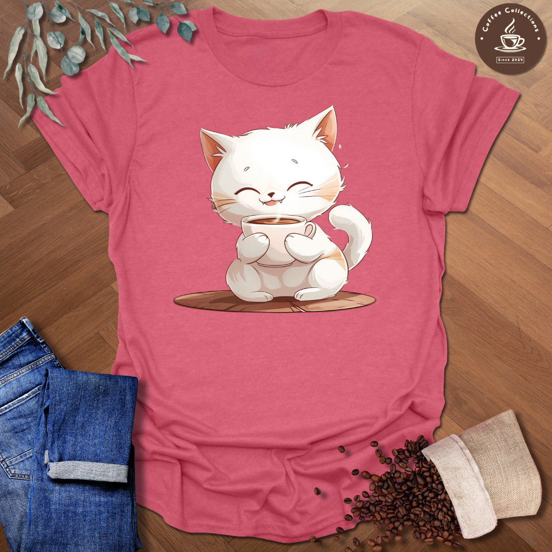 Kawaii Cat Drinking Coffee T-Shirt