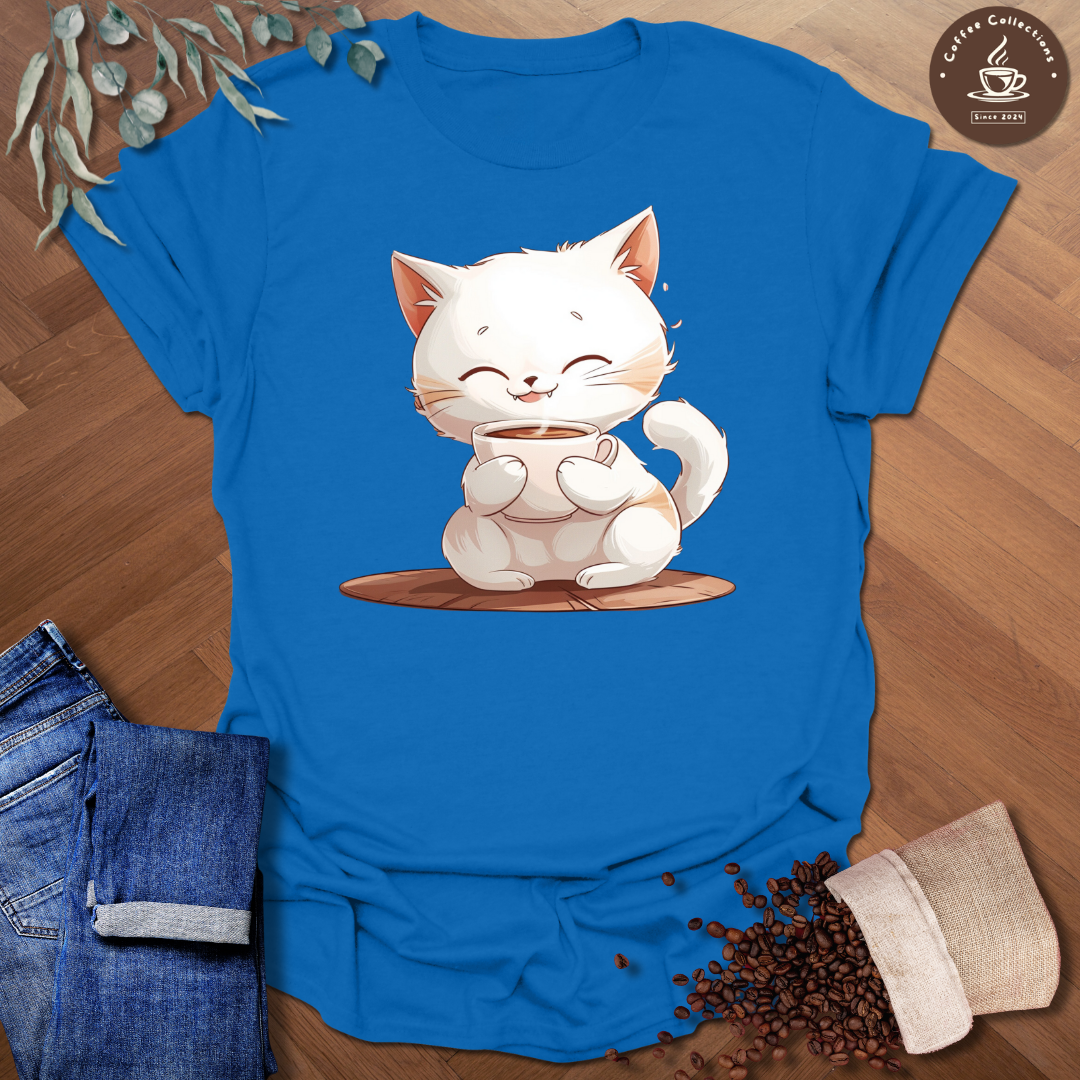 Kawaii Cat Drinking Coffee T-Shirt